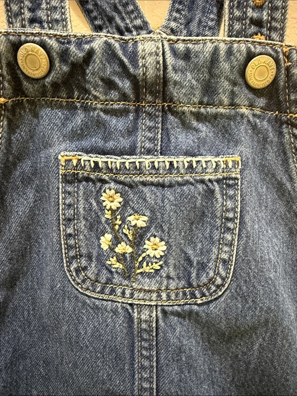 Old Navy Dark Blue Denim Overall Dress with Floral Embroidery